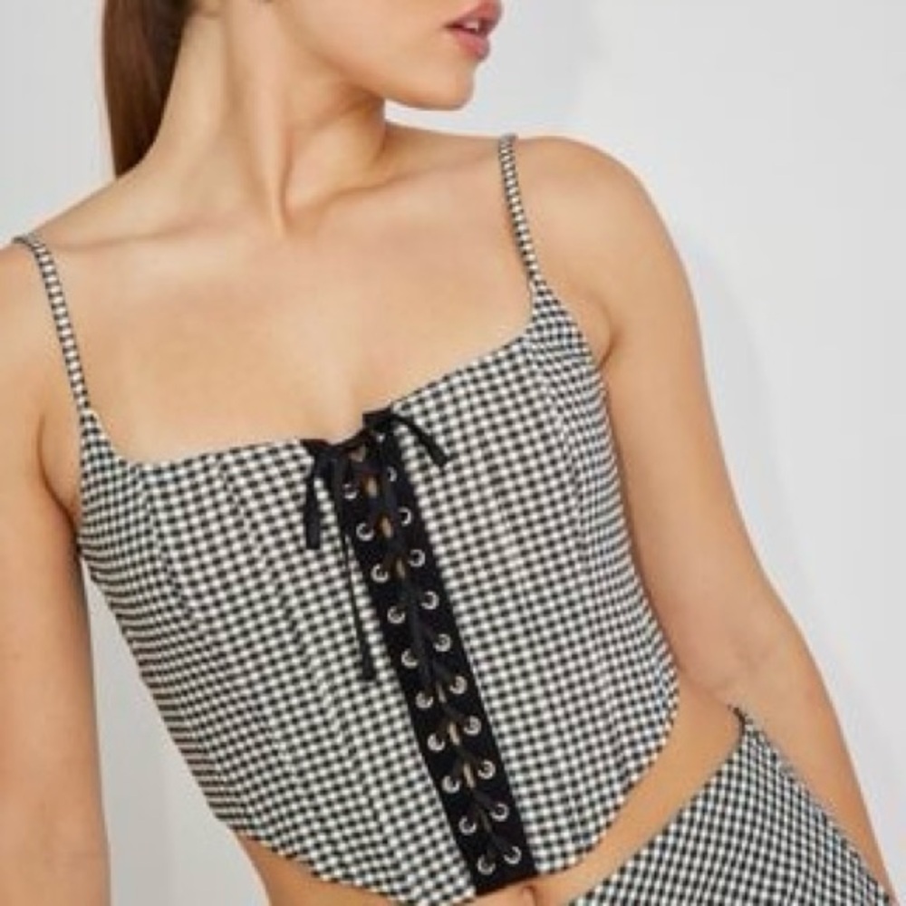 Garage black white checkered corset top tie front zipper back adjustable straps